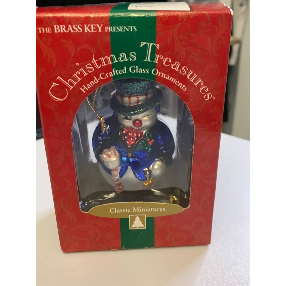 Brass Key Christmas Treasures Glass Ornament Snowman Miniature Handcrafted w Box